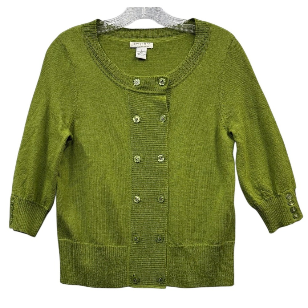 TWEEDS Italian Merino‎ Wool Green Double Breasted Cropped Button Cardigan Y2k S